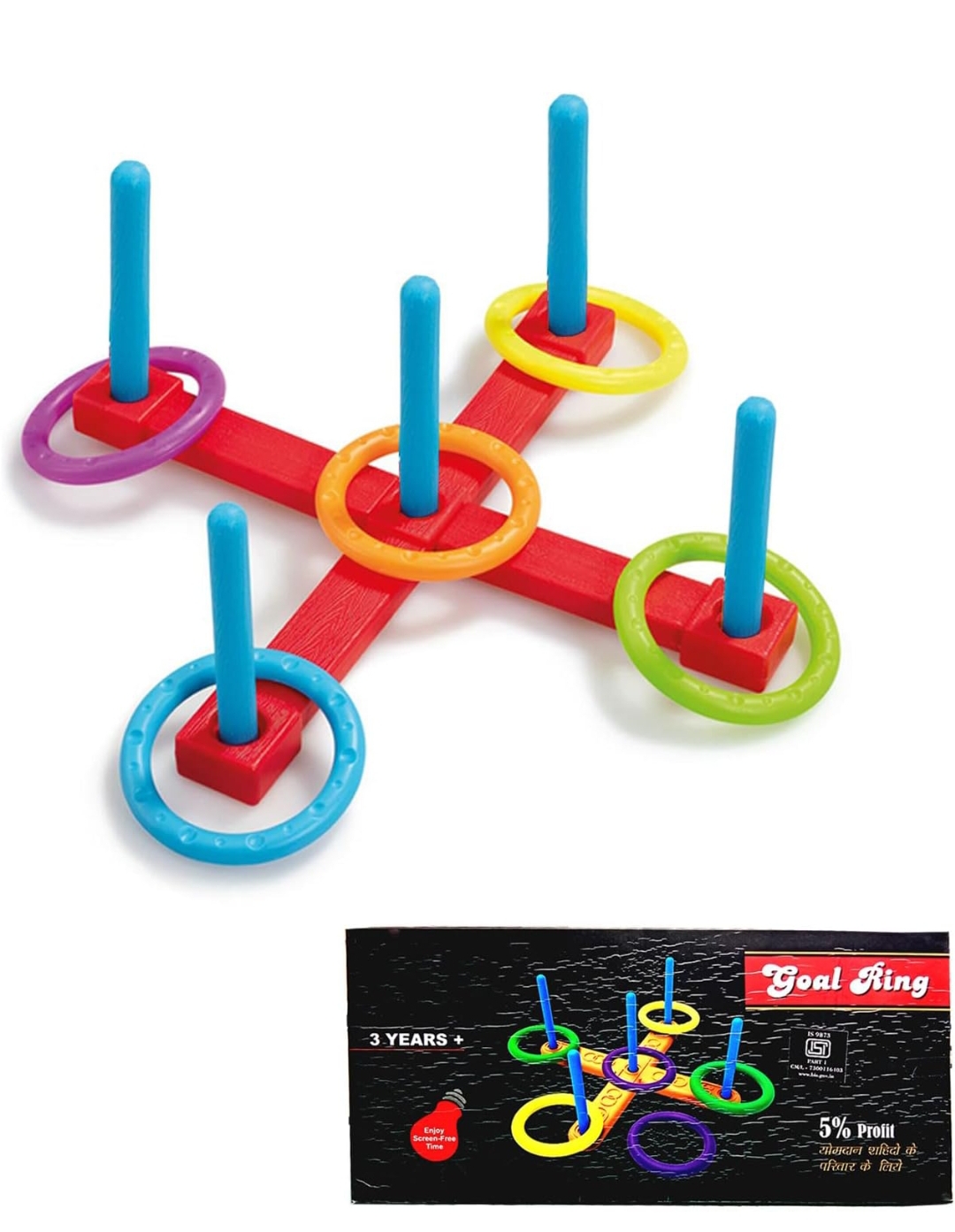 SIGNAMIO® Tennikoit Stacking Target Bottle Goal Ring toss Game Activity Toy Widely Used by Indoor/Outdoor Family Fun for Learning Activity for Kids-Multi Color, 6 Ring, 5 Stand, 1 Full Cross - Pack 1