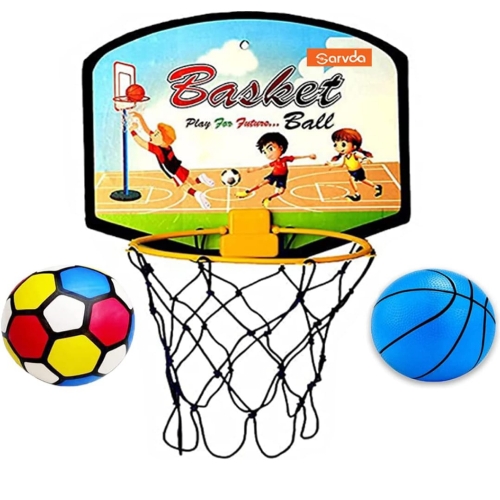 Sarvda Basket Ball for Kids Basketball Set with 1 Extra Ball Toys for Boys and Girls Portable Set with Hanging Board, Net, 2 Ball, Indoor Outdoor Games Birthday Return Gift Standard