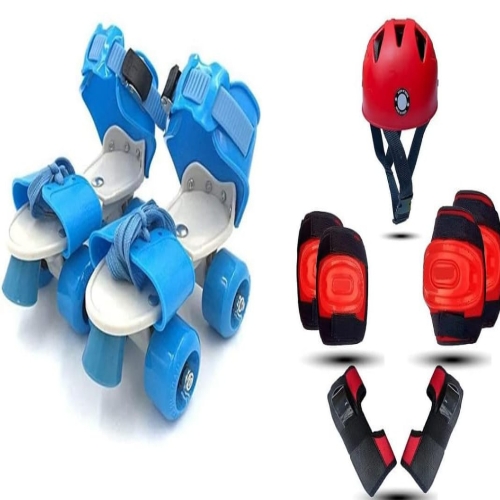 Qwick Click Unisex_Youth Roller Skates With Protective Set Guard Protection Kit For Skating,Cycling, Skateboarding For Kids Age 6-15 Yrs With Knee, Elbow &amp; Wrist Guards (Blue-Red),Inline_Skate_Wheel