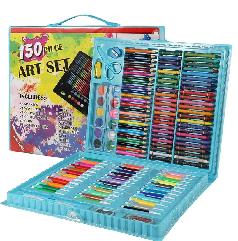 KARP Children Deluxe Art Drawing Crayon Color Set for Kids Case Art and Craft Supplies Drawing and Painting Set Great Gift (150Pcs -Blue)