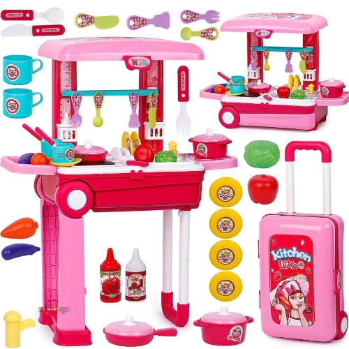Acrylonitrile Butadiene Styrene Kitchen Set For Kids Girls Big Cooking Set Light And Sound Portable Trolley Pretend Play Toys Battery Operated (Pink-C)Toys &amp; Games REALISTIC LOOKING: Let your kids cook up imaginary feast for the whole family with the
